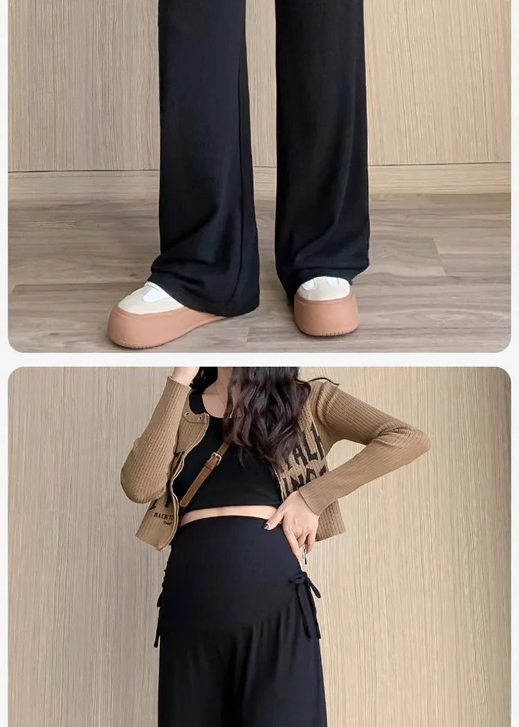 Maternity Trousers Spring and Autumn Outside Wear New Summer Petite Casual Drawstring Straight Wide Leg Trousers Maternity Wear