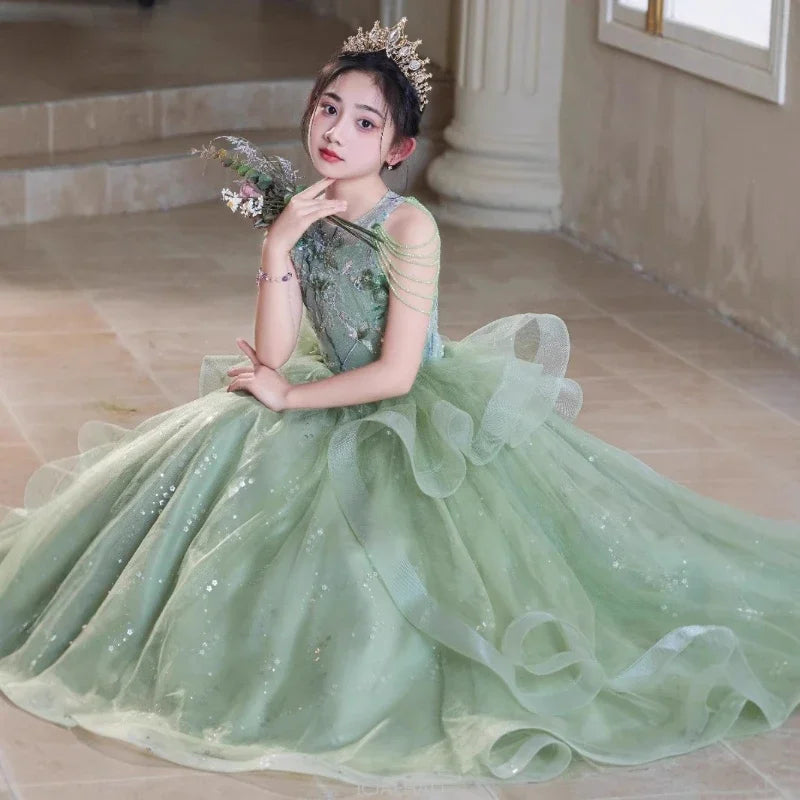 Teen Girl Clothes Green Girls Princess Dress Kids Pageant Host Gown Birthday Party Outfit PianoFormal Wear Recital Performance