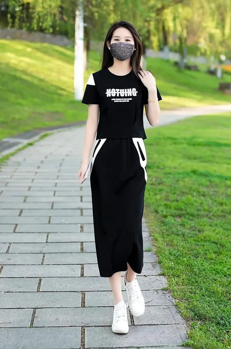 Women's Two Piece Set Short Sleeve Lightly Cooked Slit Skirt Luxury Designer Clothing Y2k Clothes Top and Bottom Female Outfits