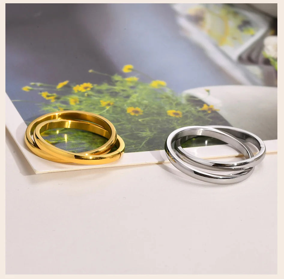 Thin Interlocking Ring for Women, Stainless Steel Set of 2 Circles Ring, Rolling Infinity Jewelry