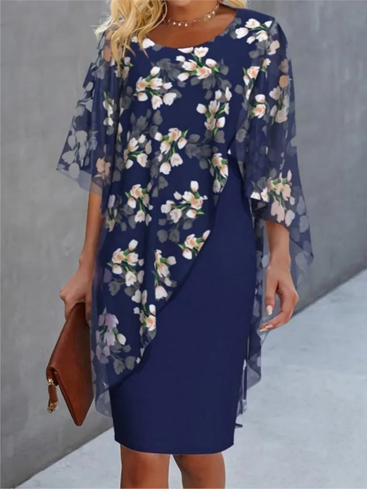 Elegant O-neck Half-sleeved 2-piece Dress For Women Autumn Fashion Irregular Suit Flower Printing Loose Dresses Female