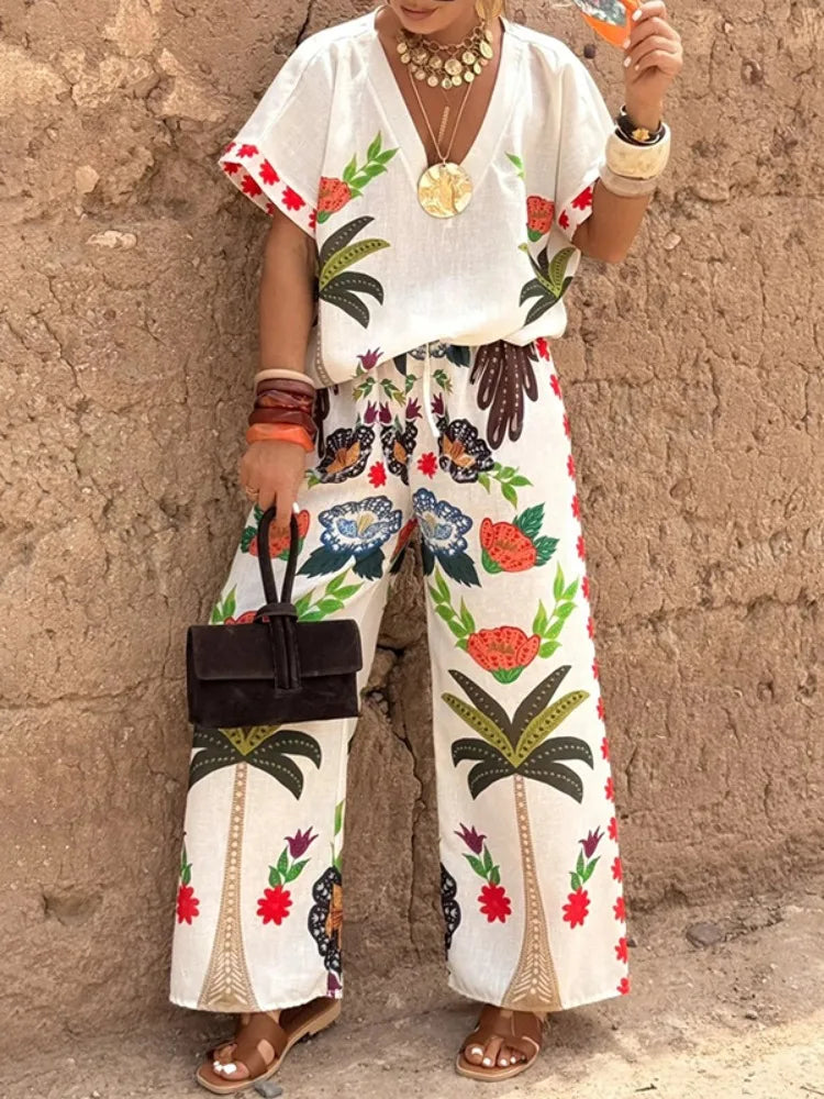 Women's Two-piece Set Tribal Style Printed V-Neck Blouses Casual Loose Drawstring Elasticity Pants Fashion Female Pants