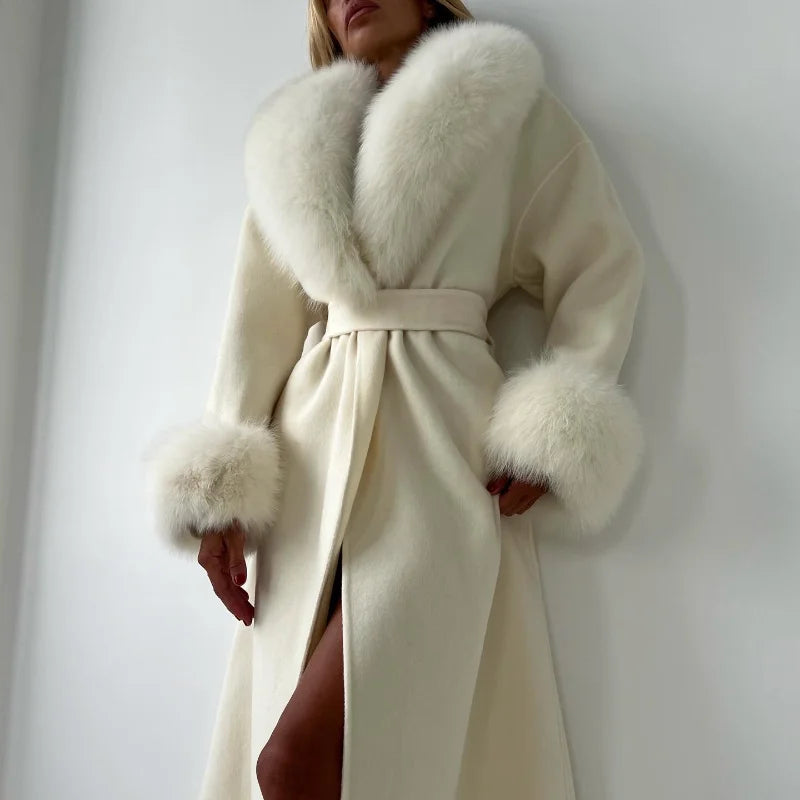 Winter Jacket Women Long Natural Wool Blends Cashmere Faux Fur Coat Lace Up Belt Warm Wool Oveercoat New Streetwear 2025
