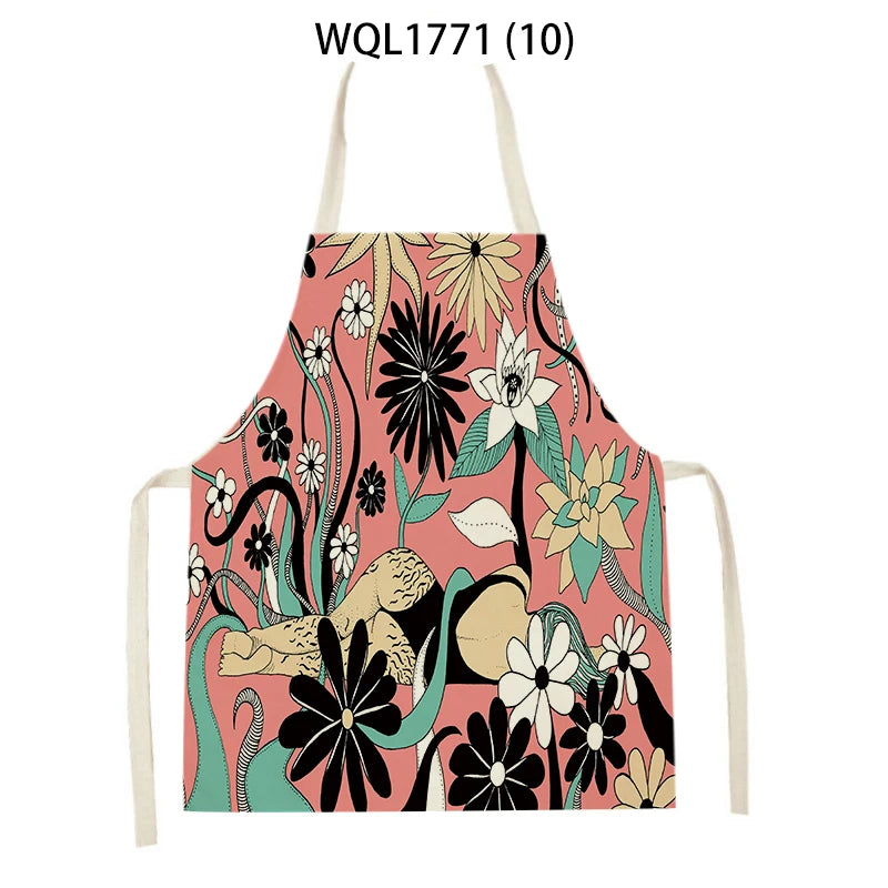 Kitchen Apron Modern Girl Plants Pattern Linen Aprons for Women Men Household Cleaning Apron Cooking Baking Accessories