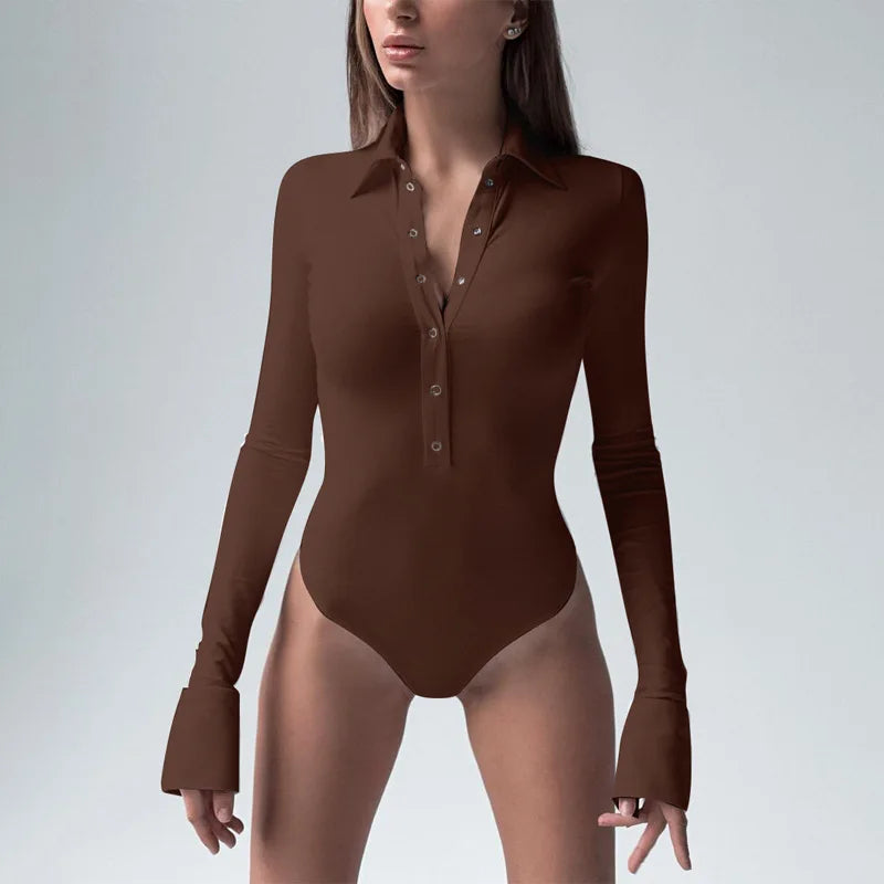 Long Sleeve Bodysuit Women Y2k Clothes Button Lapel Sexy Tops Autumn Winter Fashion Stretch Tight Elegant Body Suits Women 2024