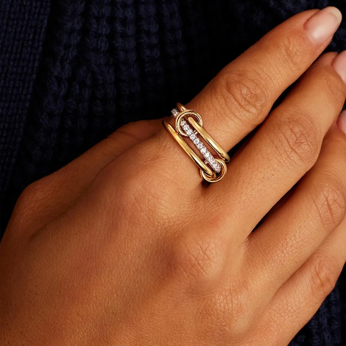 A Three-Ring Two-Color Stacking Ring, Copper Jewelry Inlaid With Zircon, Street Hip-Hop Style Hypoallergenic, Suitable For Women