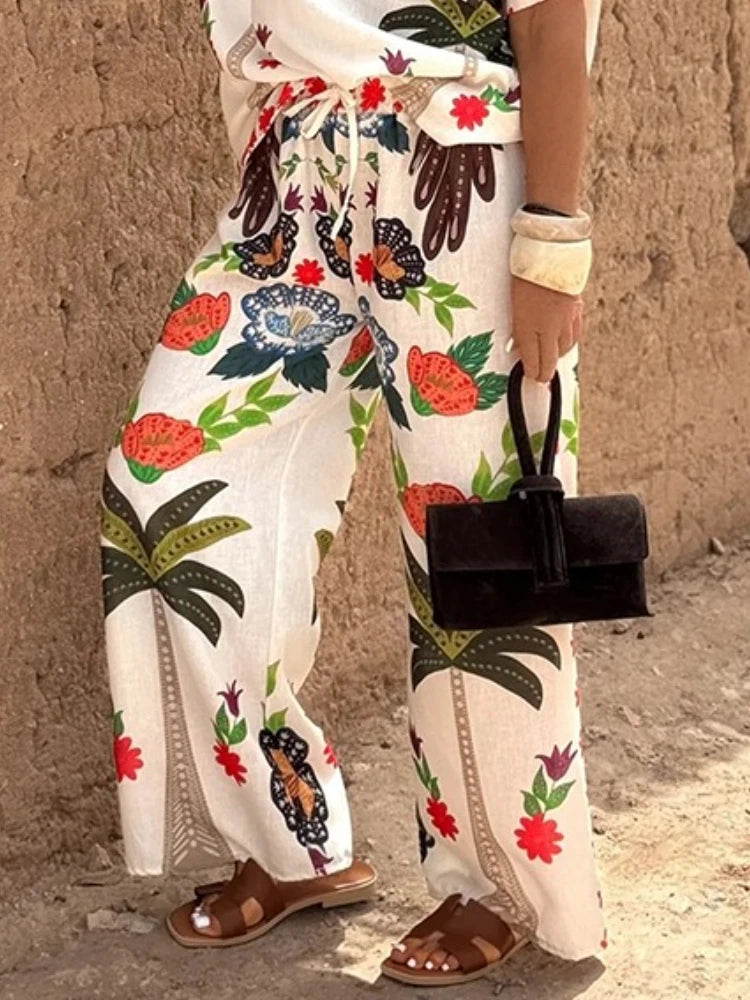 Women's Two-piece Set Tribal Style Printed V-Neck Blouses Casual Loose Drawstring Elasticity Pants Fashion Female Pants