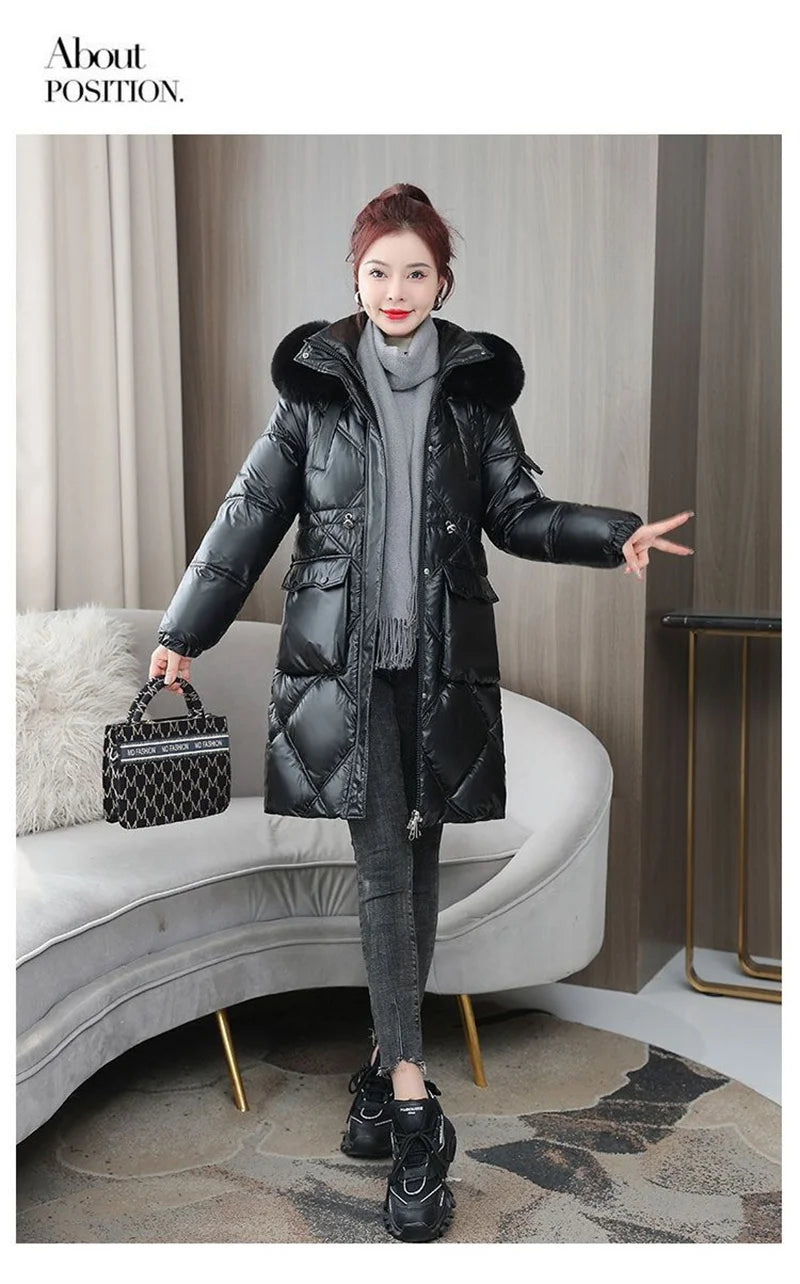 Champagne Winter Jacket Parkas Women Coat Fur Collar Hooded Overcoat Female Jacket Thick Warm Cotton Padded Puffer Parka Outwear