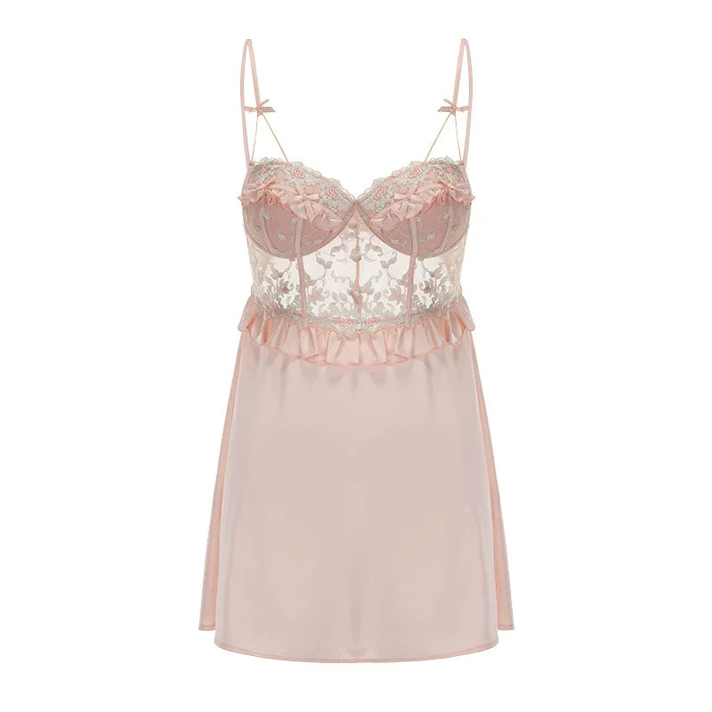 Women Sleepwear 2PCS Robe Nightgown Set Sexy Patchwork Lace Suspender Lingerie Nightdress Silky vestidos Bathrobe Home Dress