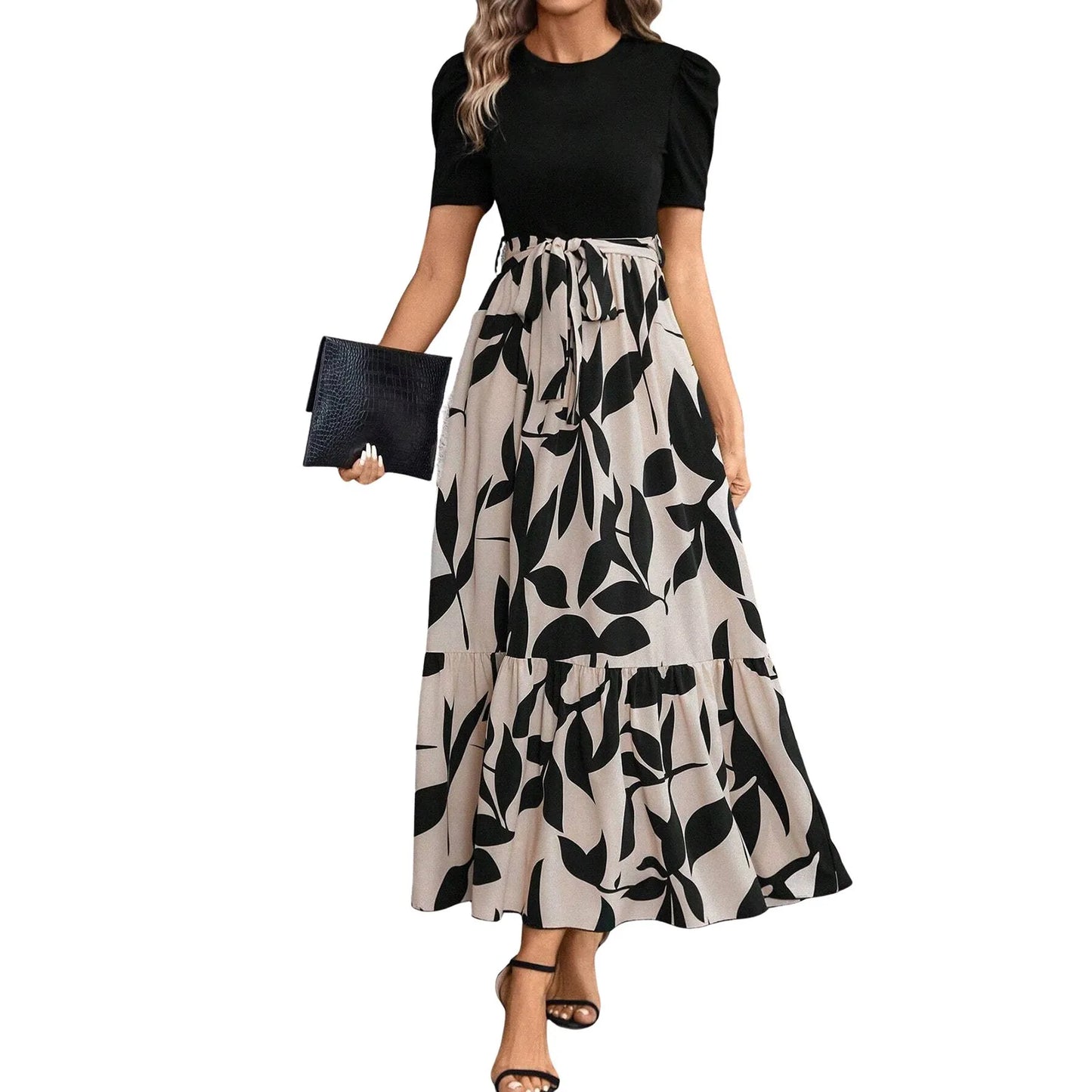 Elegant Women'S Dresses Floral Print High Waist Long Dresses Y2k Short Sleeved Round Neck Office Clothing Vestidos Para Mujer