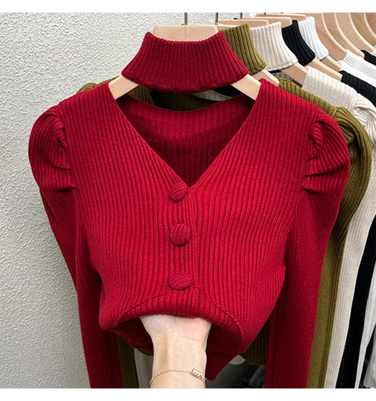 Red Sweater Knitted Sweater Women's Inner Layering Shirt with Unique Unique V-neck Halter Top Design for Autumn and Winter