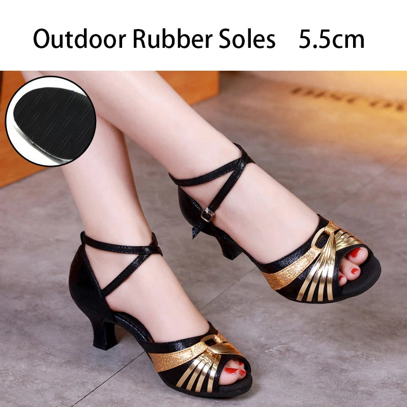 Women's Bachata Swing Salsa Latin Ballroom Dance Shoes Outdoor High Heels Peep Toe Performance Latin Dance Shoes for Woman