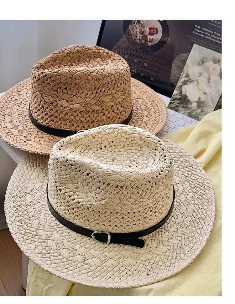 Straw Western Cowboy Hat for Women Men Classic Vintage Hollow Out Unisex Curled Wide Brim Sun Hat Fishing Hat Climbing Cap