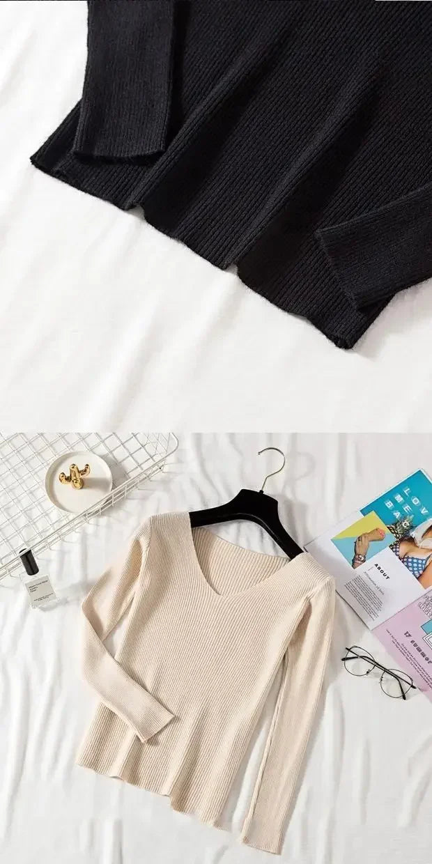 Women Sweater 2026 New Autumn Winter Long Sleeve Pullover Basic Top Fashion V-neck Elastic Female Winter Solid Knitted Jumper