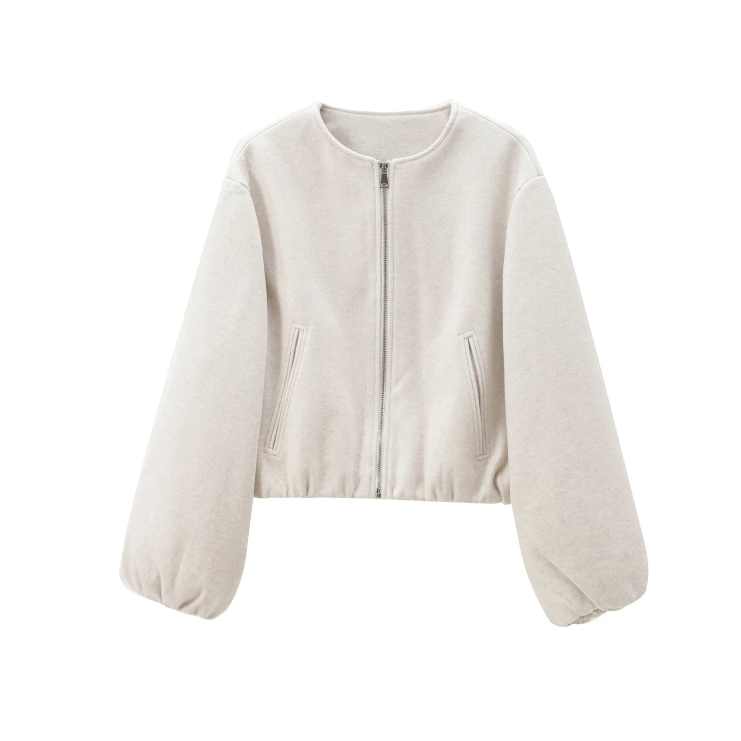 HXAO Outerwears Cropped Bomber Jacket Women Autumn Long Sleeve Faux Wool Coats For Woman Winter Zip Up Gray Beige Short Coats