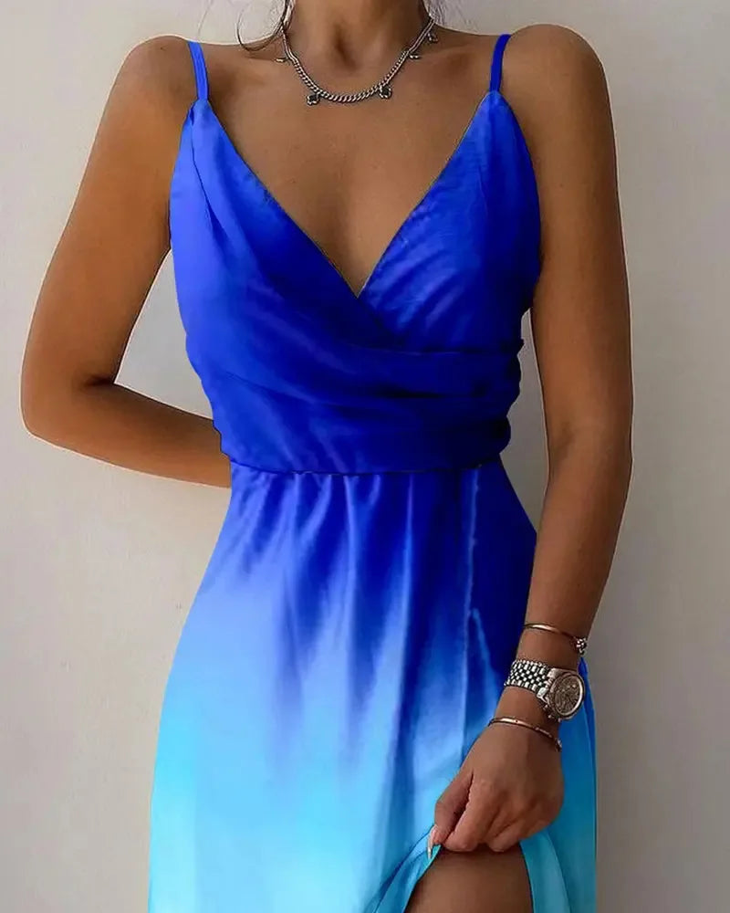 Elegant Women Sexy Dresses Summer Fashion Print Gradient Solid Out Off Shoulder V-Neck Female Camisole Dress Bandage Dress