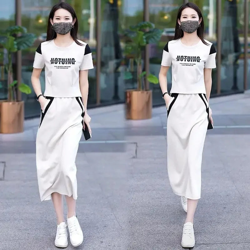 Women's Two Piece Set Short Sleeve Lightly Cooked Slit Skirt Luxury Designer Clothing Y2k Clothes Top and Bottom Female Outfits