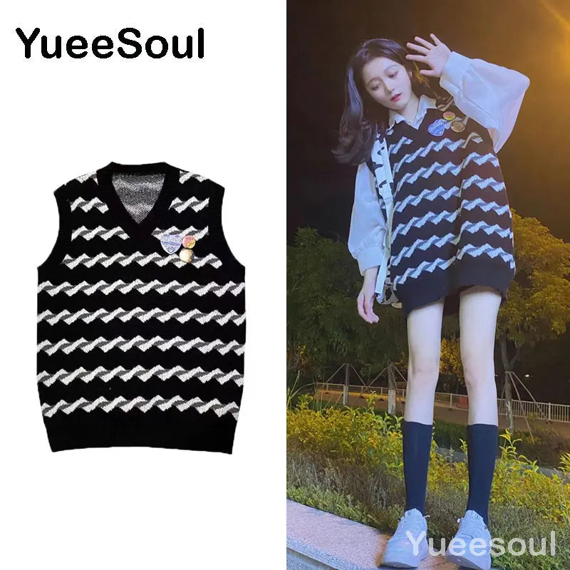Sweet Kawaii Sweater Vest Printed Sleeveless Casual Outerwear Knitted Waistcoat 2023 Vintage Y2K Spring  E Girl Pullovers Tops