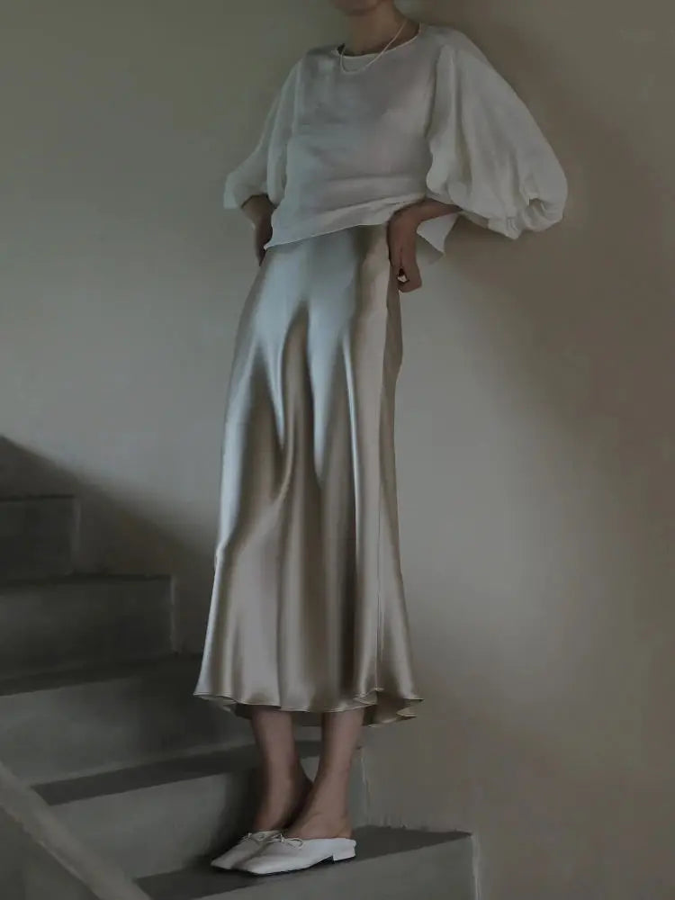 Elegant Skirts for Women Satin High Waisted 2025 New Slim Fit Long Skirt Fashion Temperament Simple Versatile Grey Black Skirts