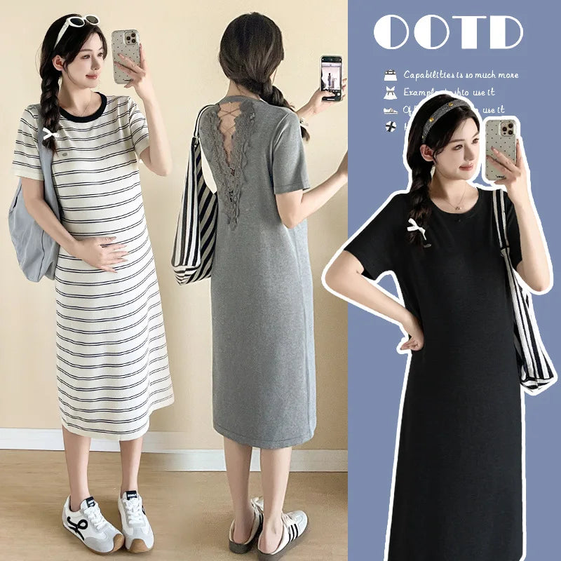 Maternity Dress: Back-Cutout Knit &Lace Maxi - Sophisticated Pregnancy Gown with Designer Details for Fashionable Expecting Moms