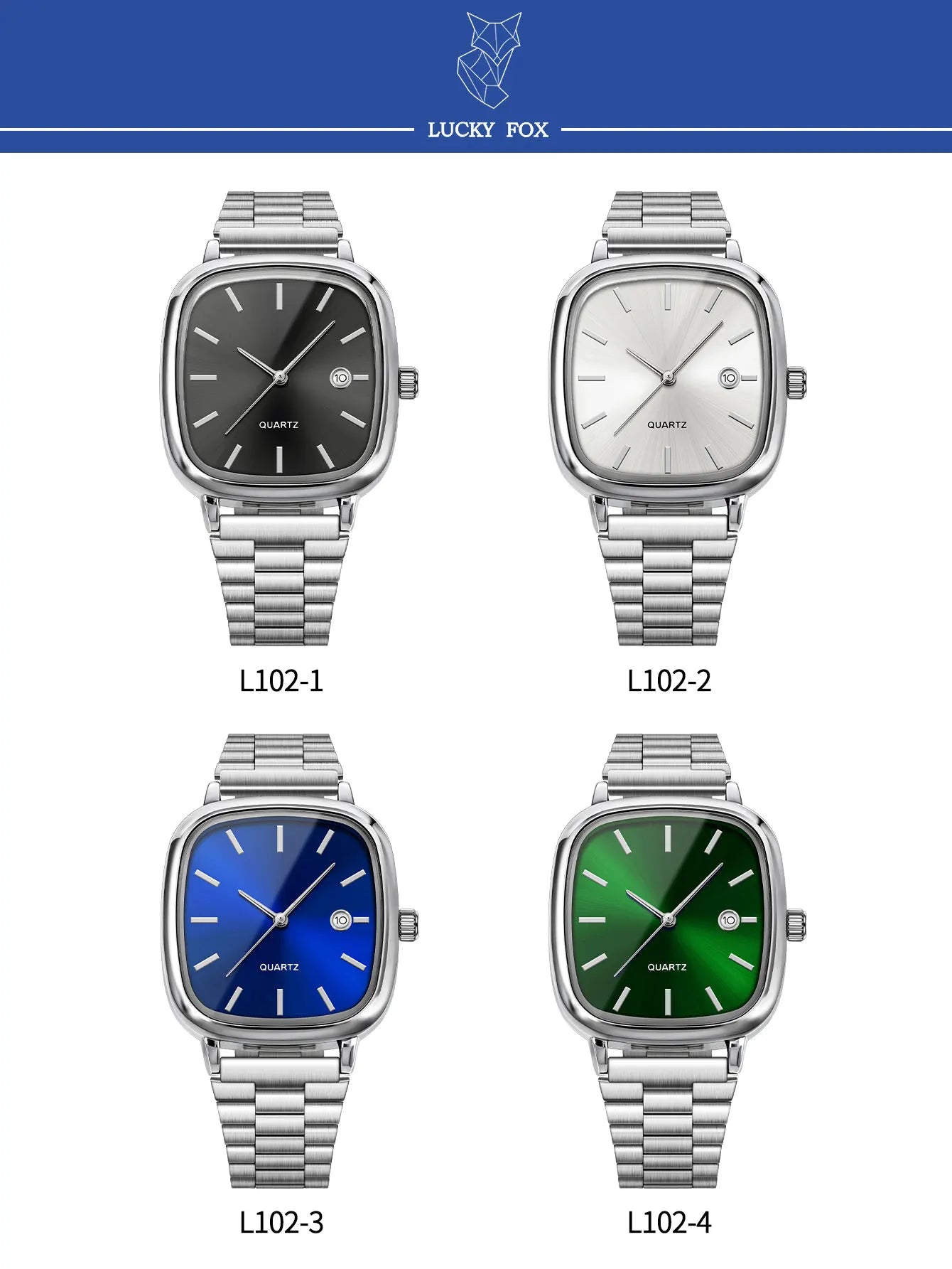 LUCKY FOX Modern minimalist square watch Business mens metal watch stainless steel chain multi-scene commuter watch