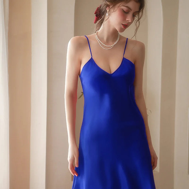 Fashion Sexy V-Neck Nightgown For Women Solid Silk Satin Lingerie Night Dress Sleeveless Sleepwear Female Nightwear Home Clothe