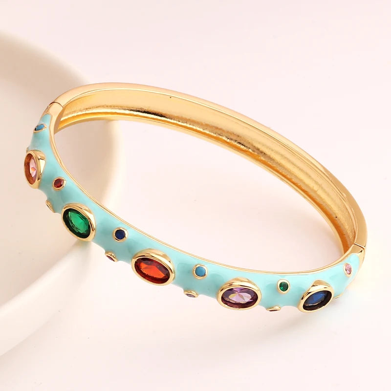 Luxury Colorful Enamel Bangles Bracelets for Women Party Gift Fashion Rainbow Zircon CZ Bangles Original 18K Gold Plated Jewelry