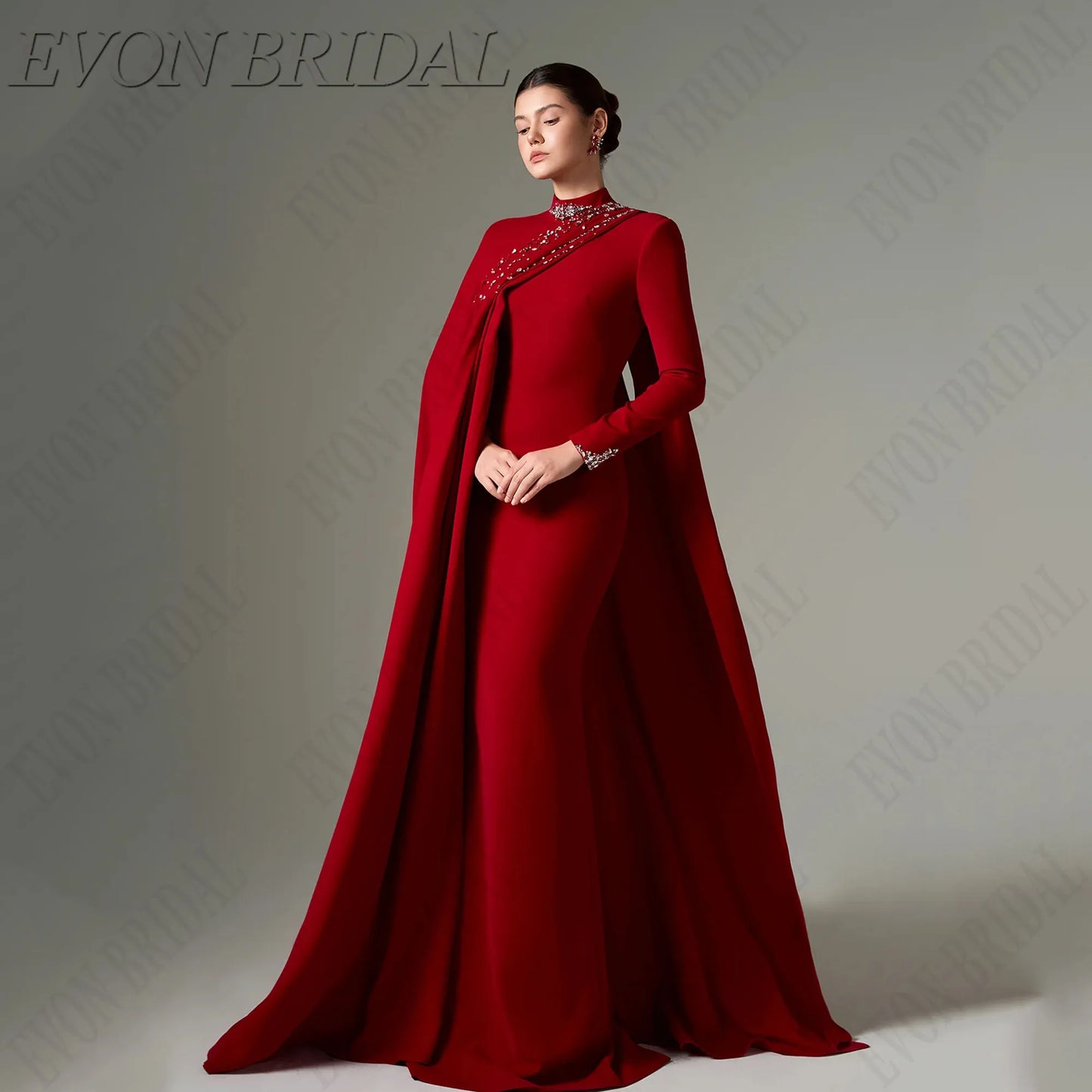 EVON BRIDAL High Neck Long Sleeves Formal Evening Gown Beading Satin Celebrity Red Carpet Dresses Mermaid فساتين سهرة Customized