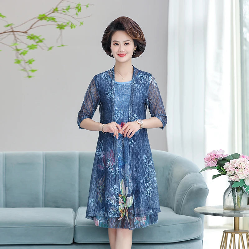 Elegant Dresses Women NEW Summer Casual Retro Temperament printing two Piece Set Dress Mother Dress plus Size