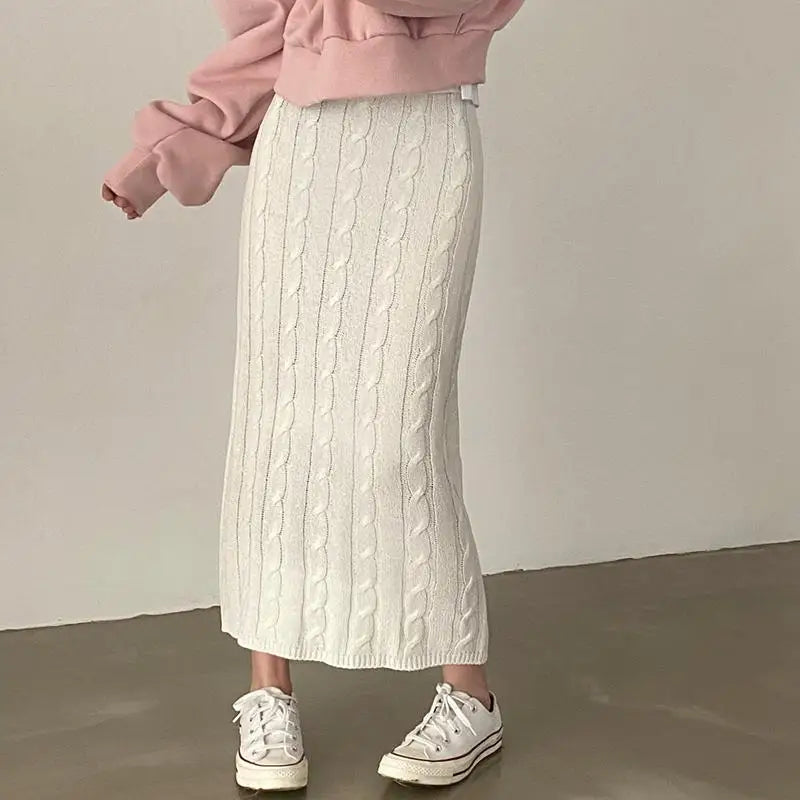 Solid Knitted Skirts For Women 2023 Fashion Autumn Winter Slim Long Skirt Vintage Casual Elastic High Waisted Straight Skirt New