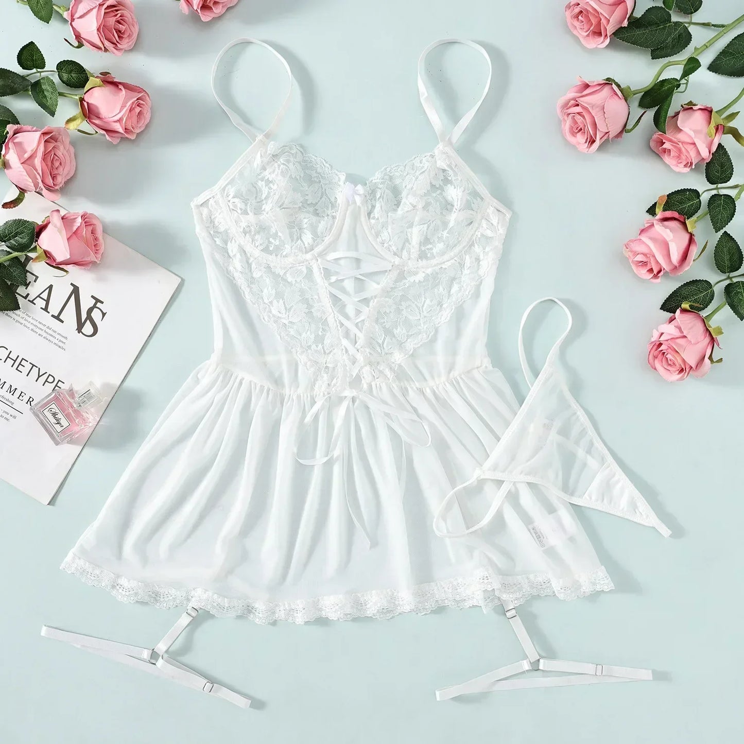 Women Nightdress Sexy Lace Chemise Bow Nightgown Sleepwear V Neck Full Slip Babydoll Lingerie Sleep Dress