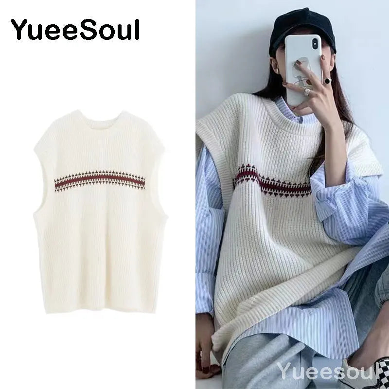 Sweet Kawaii Sweater Vest Printed Sleeveless Casual Outerwear Knitted Waistcoat 2023 Vintage Y2K Spring  E Girl Pullovers Tops