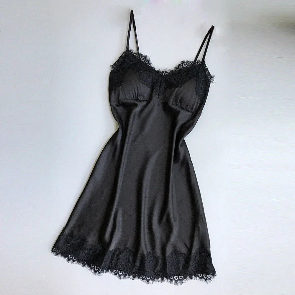Ladies Sexy Silk Satin Night Dress Sleeveless Nighties V-neck Nightgown Nightdress Lace Sleepwear Nightwear for Women S-3XL
