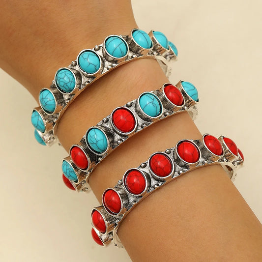 Vintage Bohemian Colorful Cuff Bracelets Bangles For Women Fashion Jewelry Adjustable Open Wrist Geometric Round Boho Bangle