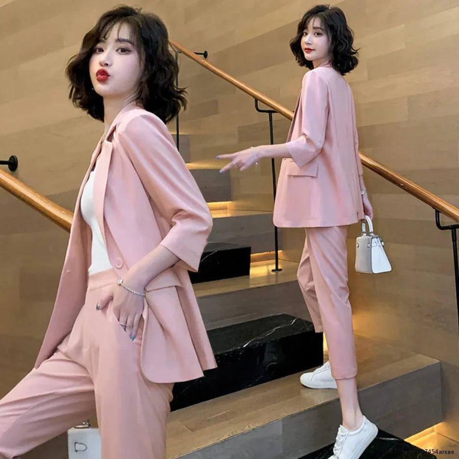 Women's Business Suit Summer New Fashion Temperament Casual Online Celebrity Business Suit Small Professional Suit Two Pieces