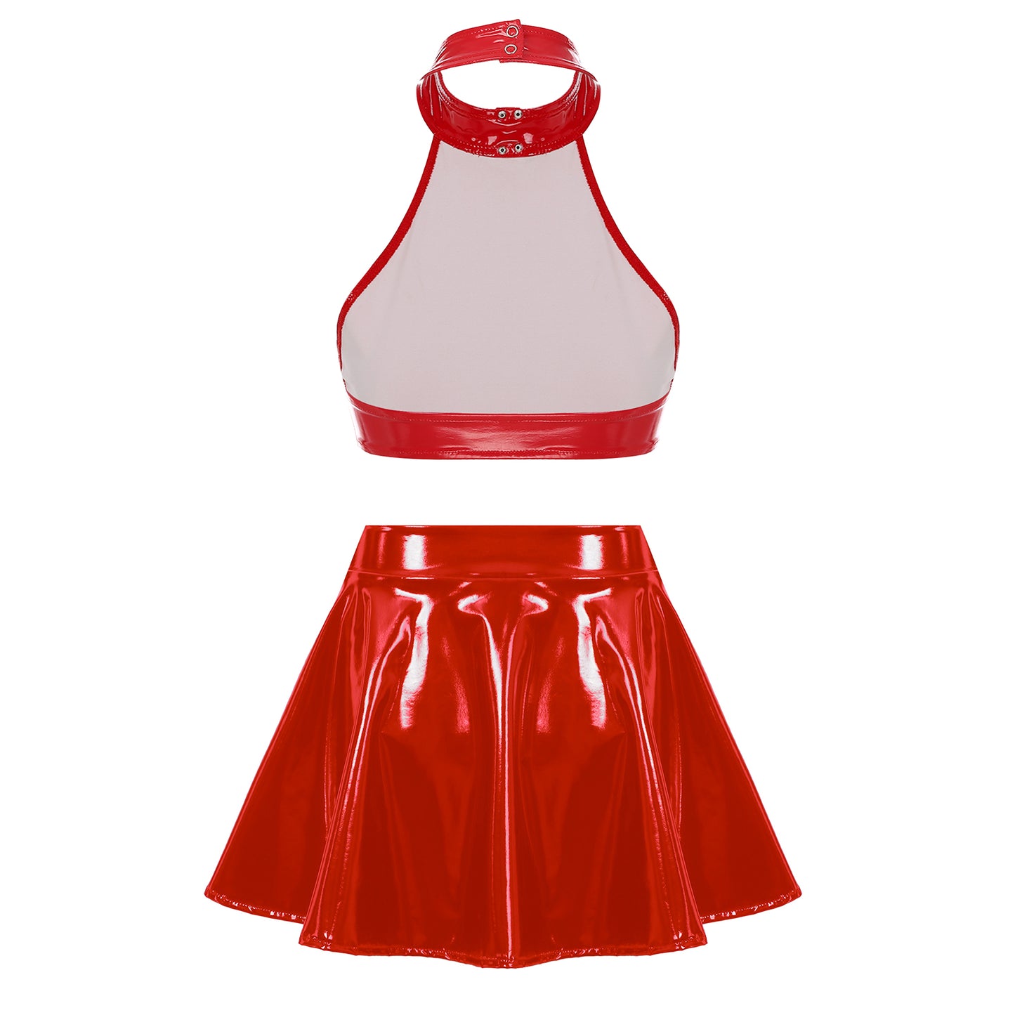 Womens Two Pieces Rave Party Outfits O Ring Halter Vest Tops Backless Patent Leather Crop Top with Invisible Zipper Flared Skirt