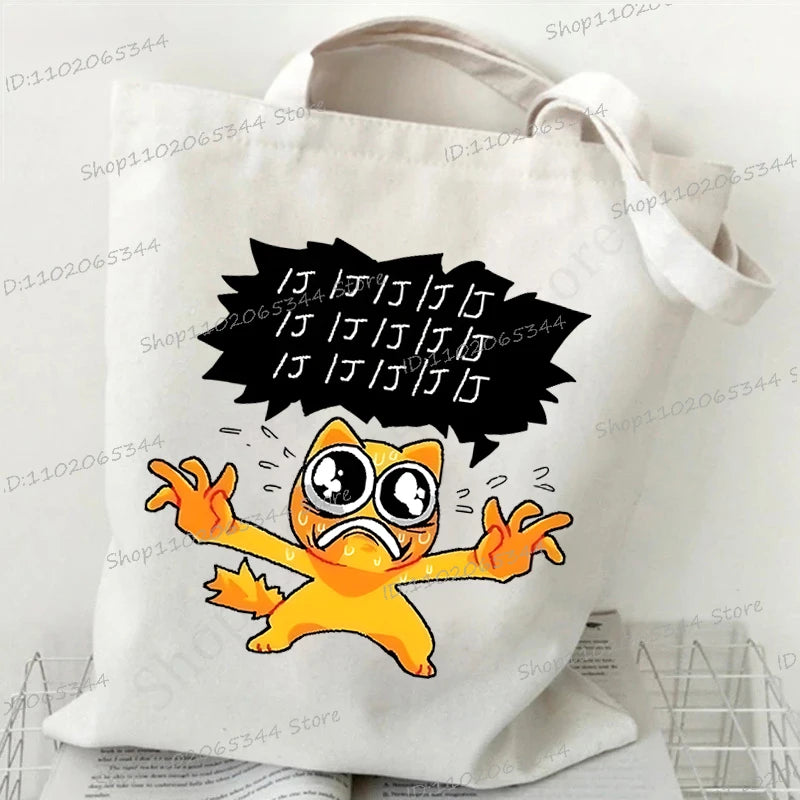 Women's Handbags Meme Cat Funny Canvas Shopping Bags Cartoon Animal Shoulder Bag Folding Reusable Tote Bags For Women Men