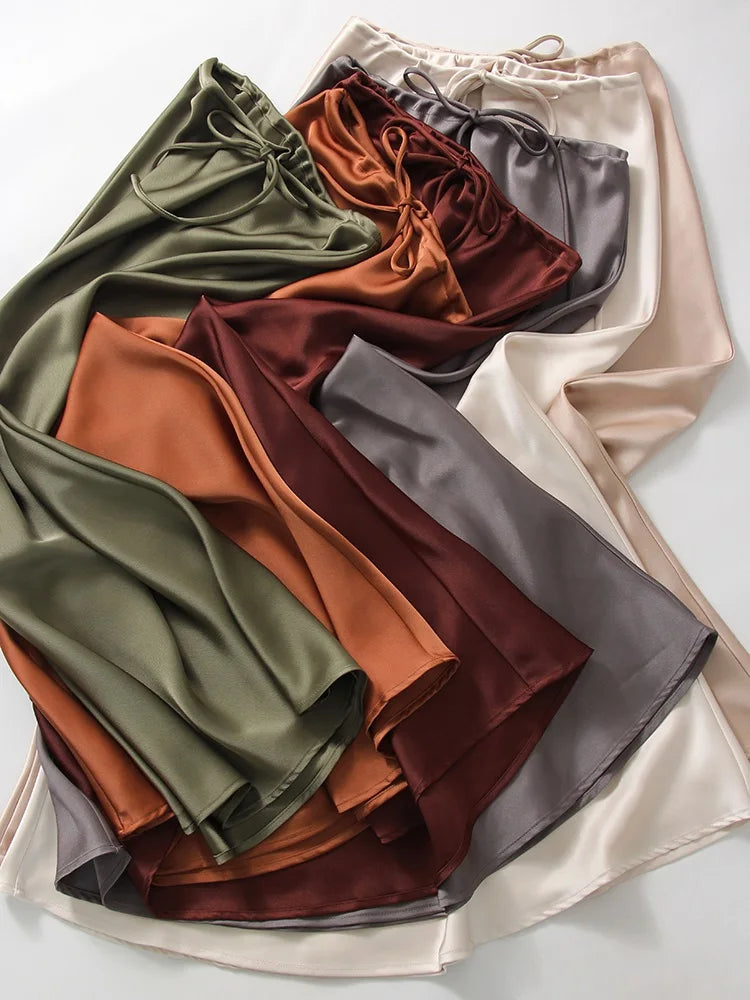 Long Black Satin Skirts Women For Work Summer Autumn Straight Brown Skirt Long Belt Coffee Formal Silk Maxi Skirt For Ladies
