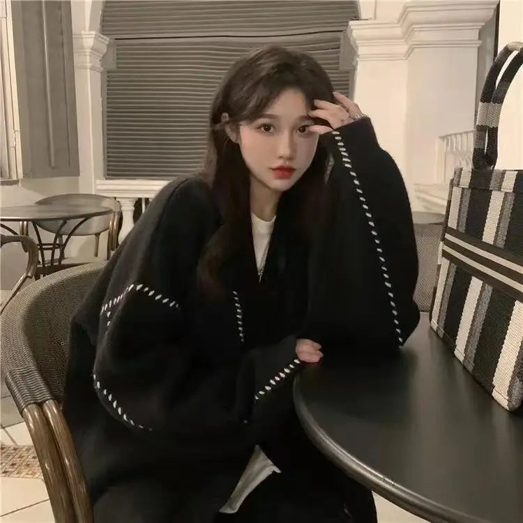 Sweater for Women in Autumn Winter V-neck Sweater Warm Loose Versatile College Style Chic Cardigan Early Jacket Trendy