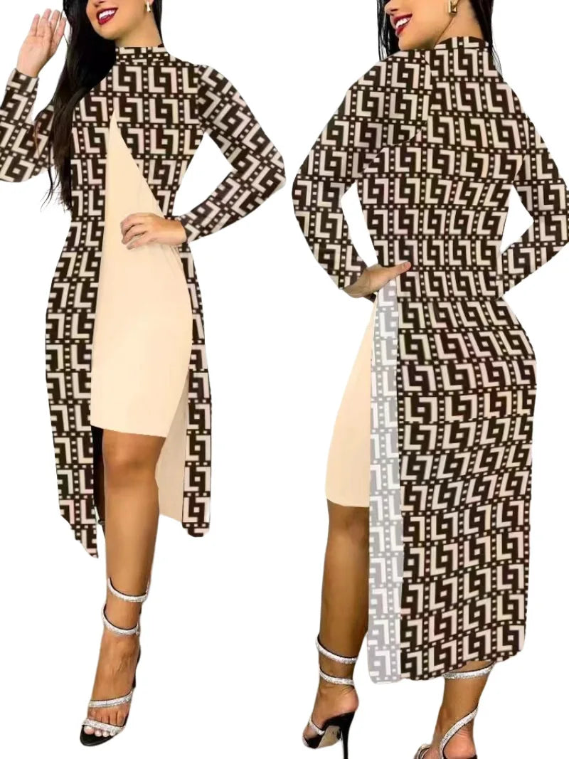 Two Piece Set Women Print Dresses Sets Full Sleeve Half High Collar Split Cardigan Dress Suits Elegant A Line Office Lady Y2k