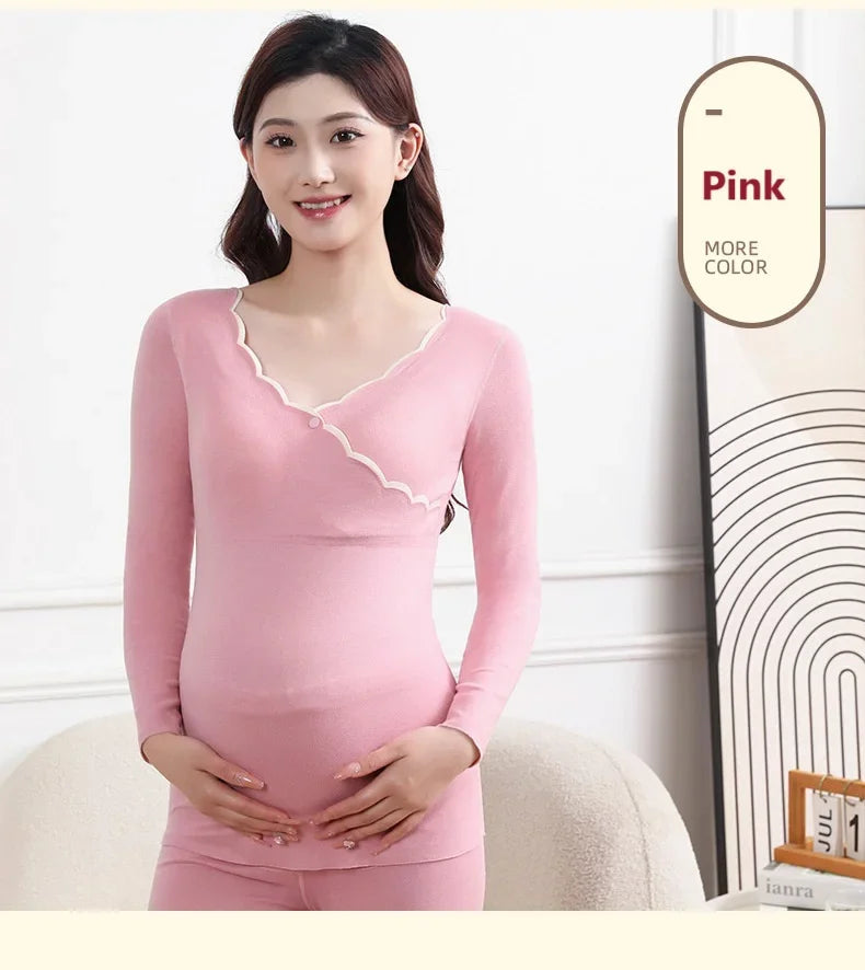 Winter Maternity Padded Warm Pajamas Pregnant Women's Homewear with Cups No Need to Wear Bra Breastfeeding Bottoming Underwear