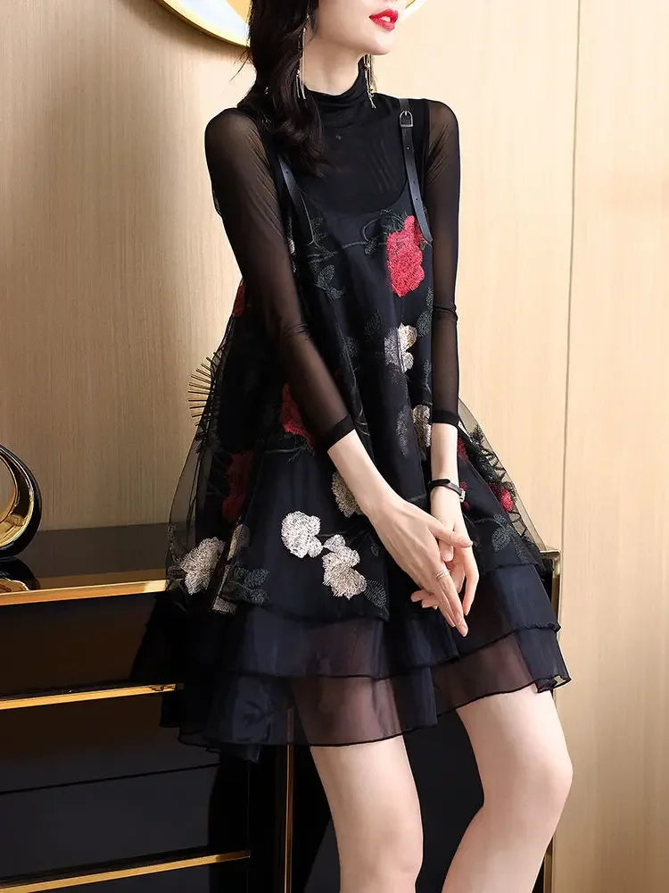 Vintage Stylish Floral Embroidery Dresses Spring Autumn Two Piece Set Female Clothing Gauze Patchwork A-Line Slip Mini Dress New