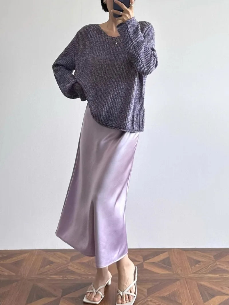 Elegant Skirts for Women Satin High Waisted 2025 New Slim Fit Long Skirt Fashion Temperament Simple Versatile Grey Black Skirts