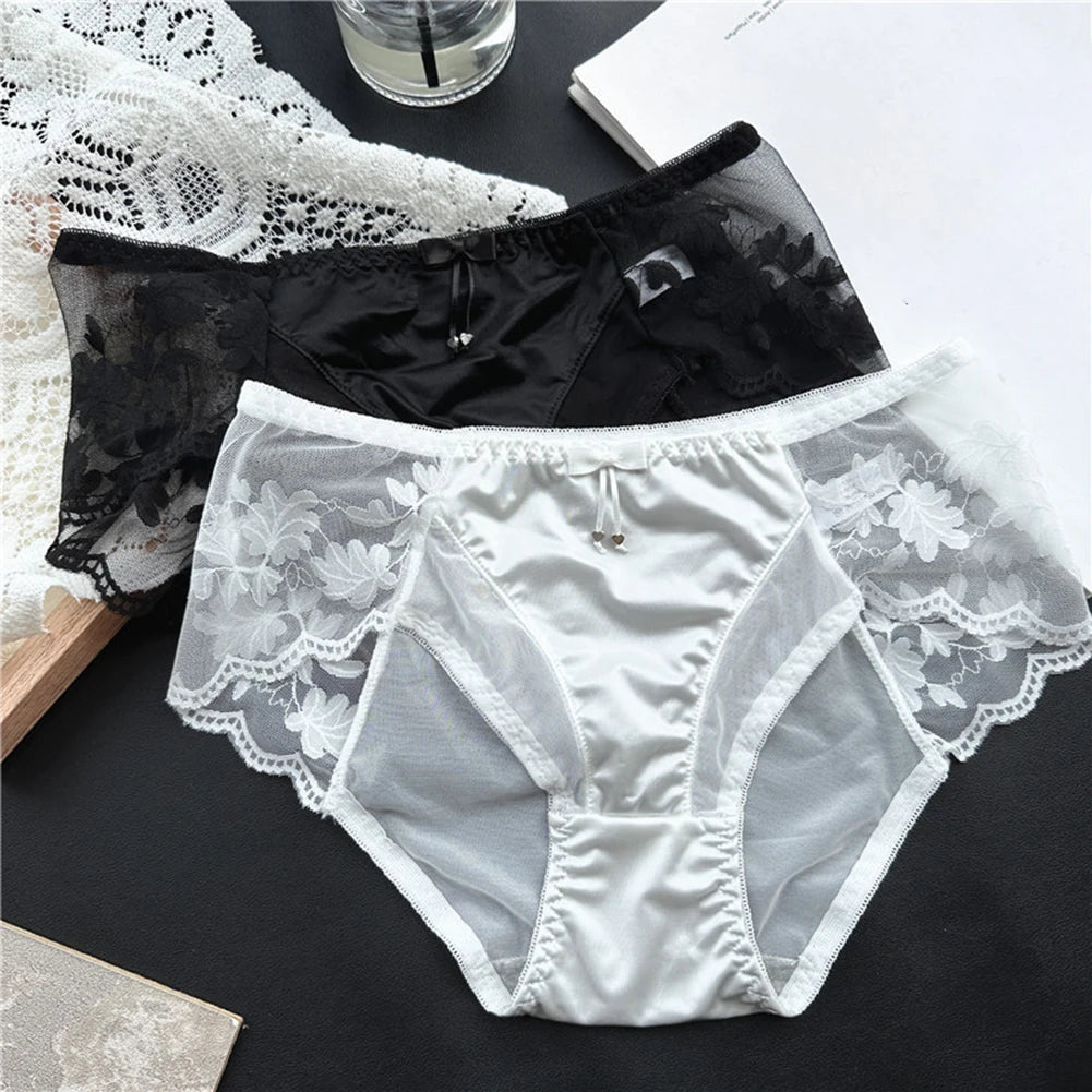 Sexy Women Panties French Style Lace Panty Satin Silk Seamless Briefs Breathable Lingerie Breathable Underwear Ultra-Thin Trunks