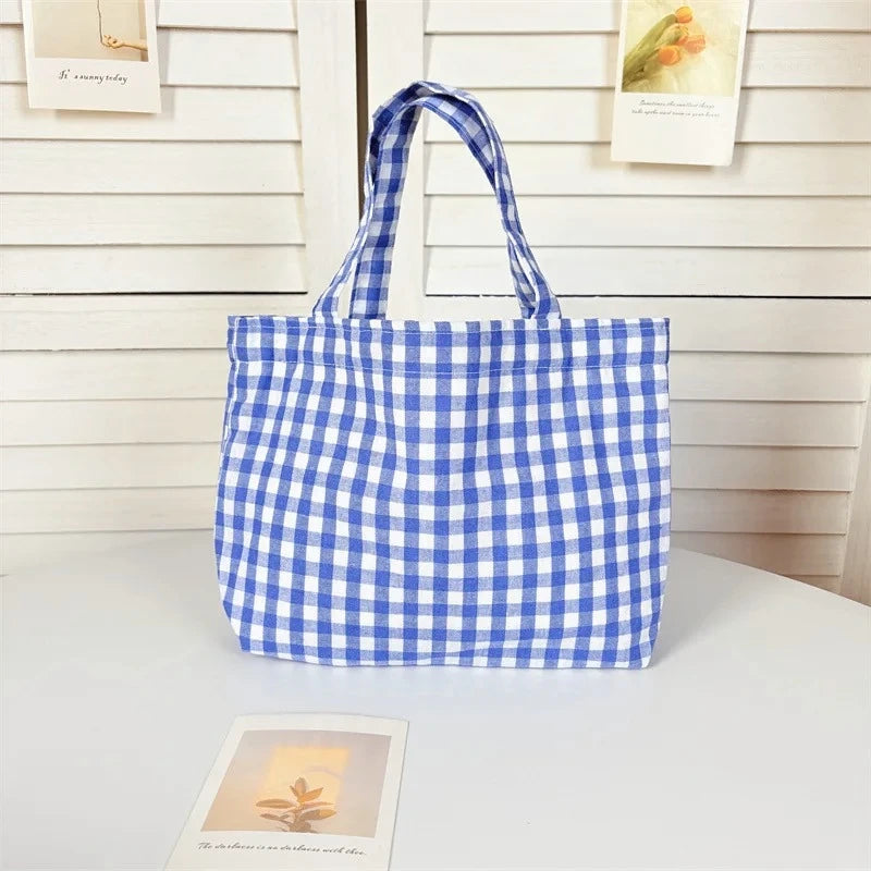 Portable Women's Bento Handbags Simple Plaid Ladies Small Tote Purse Shoulder Bags Retro Female Cloth Reusable Shopping Bag