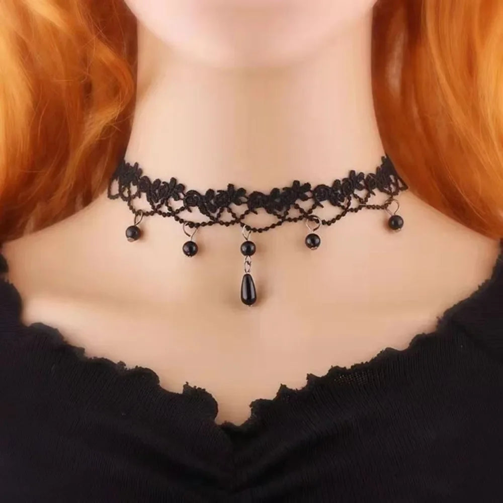 Sexy Black Lace Necklace Vintage Gothic Necklace Steampunk Style Beads Pendant Exquisite Women Choker Fashion Jewelry