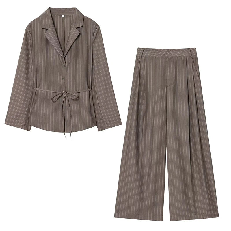 Women's Suit 2025 New Fashion Autumn Striped Shoulder Pads Belt Blazer and Pleated Pants Suit for Women Casual Chic Ladies Set