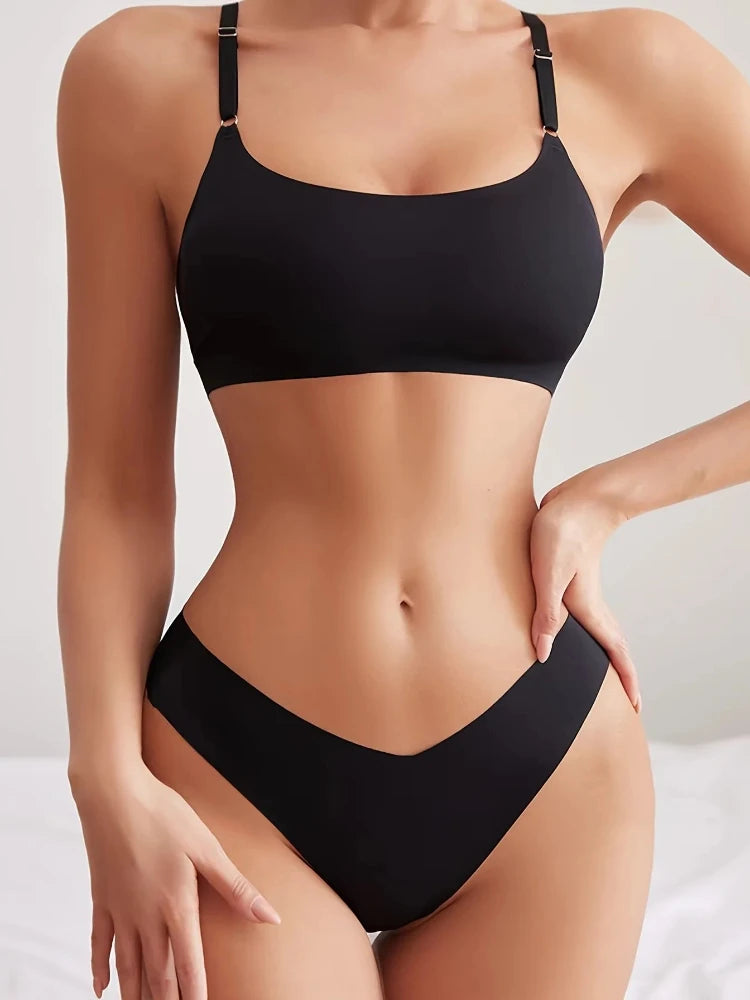 Bra Underwear Set for Women Wireless Spaghetti-Strap Vest Big Chest Small Push up Breathable Sexy Seamless Bra Set