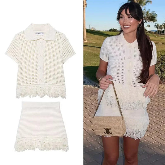 Tassel Skirt Sets Short Sleeve Knitted Tops Sexy Hip Hugging Skirts 2 Piece Set Women's Party Streetwear 2025 Woman Outfits