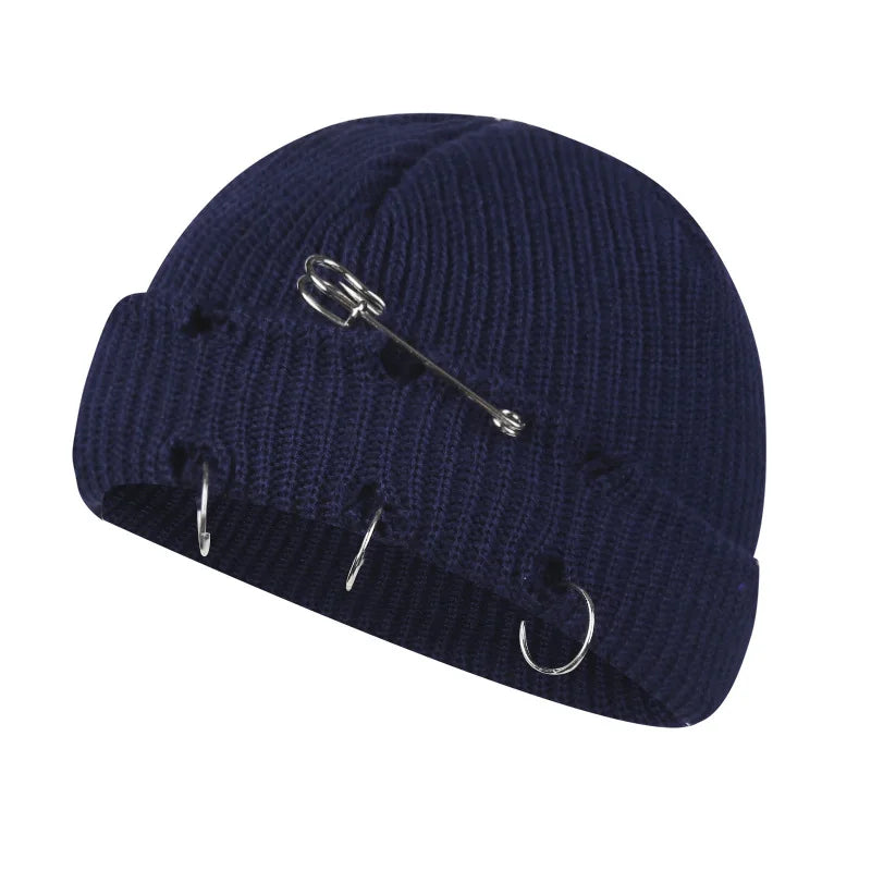Hat for Women Autumn and Winter Ring Pin Street Hip-Hop Woolen Hats with Holes Edging Knit Cap Men's Trendy Cold-proof Beanies